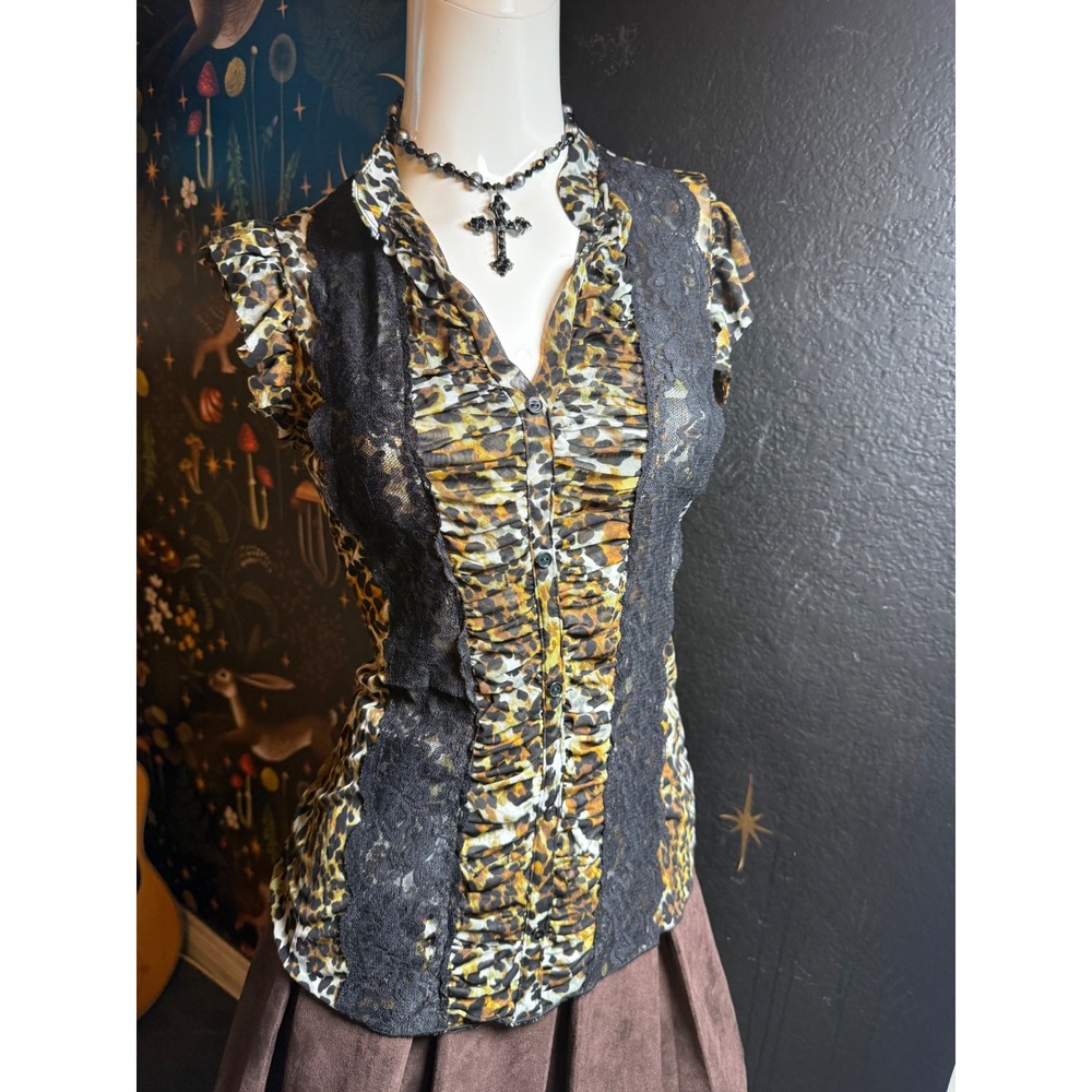 Volume One Leopard Print Lace Mesh Ruffle Button Front Top Brown Black